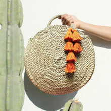 Load image into Gallery viewer, Luna Bag - Round Straw Tote Bag with Pumpkin Orange Tassels