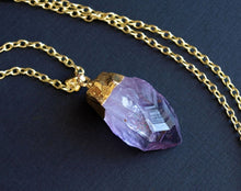 Load image into Gallery viewer, Long Gold Raw Amethyst Crystal Statement Necklace
