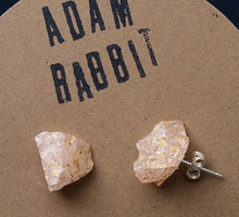 Load image into Gallery viewer, Gold Splatter & Raw Rose Quartz Chunk Earrings, Geo Earrings, Rock Stud Earrings, Crystal Earrings