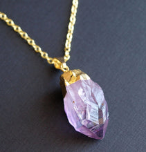 Load image into Gallery viewer, Long Gold Raw Amethyst Crystal Statement Necklace