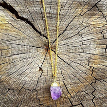 Load image into Gallery viewer, Long Gold Raw Amethyst Crystal Statement Necklace