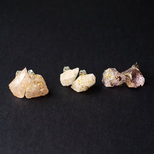 Load image into Gallery viewer, Gold Splatter & Raw Rose Quartz Chunk Earrings, Geo Earrings, Rock Stud Earrings, Crystal Earrings