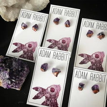 Load image into Gallery viewer, Bronze & Raw Amethyst Chunk Earrings, Geo Earrings, Rock Stud Earrings, Crystal Earrings