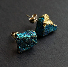 Load image into Gallery viewer, Raw Peacock Ore Chunk Earrings, Geo Earrings, Rock Stud Earrings