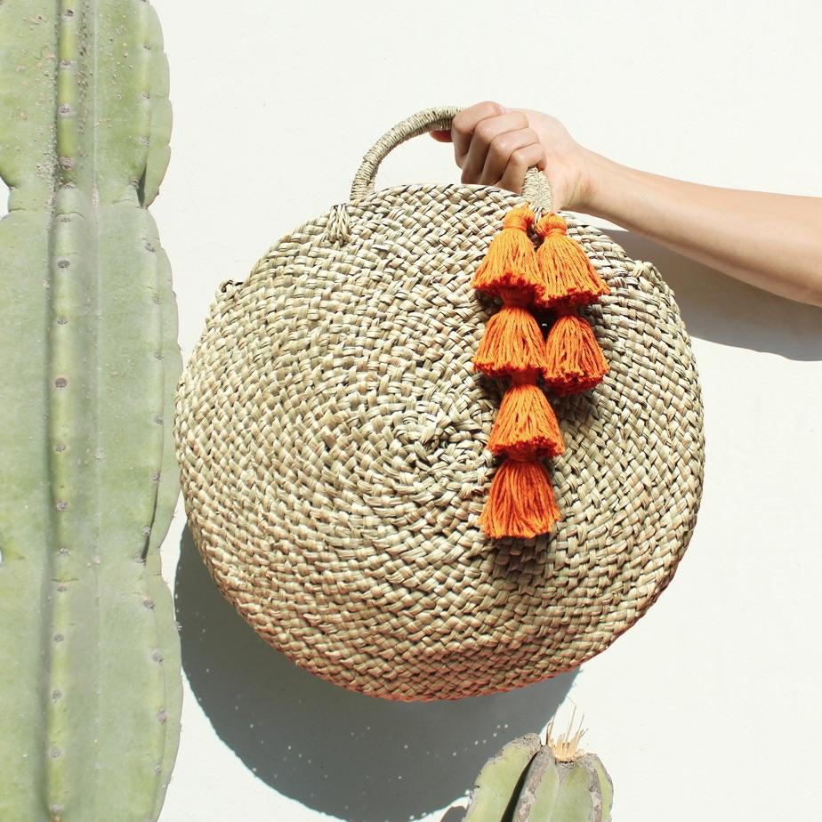 Luna Bag - Round Straw Tote Bag with Pumpkin Orange Tassels