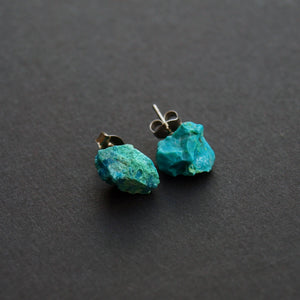 Raw Chrysocolla Chunk Earrings,  Rock Stud Earrings, Crystal Earrings