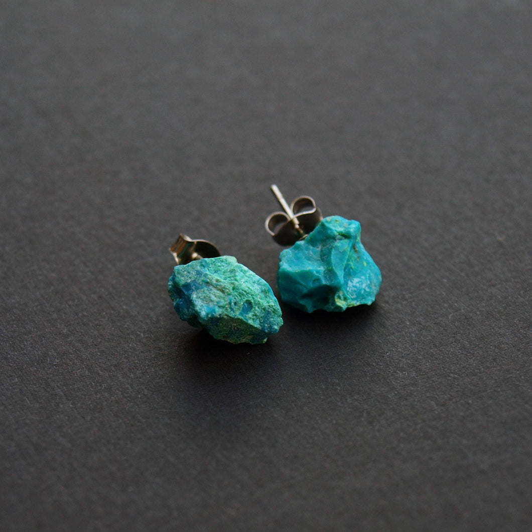Raw Chrysocolla Chunk Earrings,  Rock Stud Earrings, Crystal Earrings