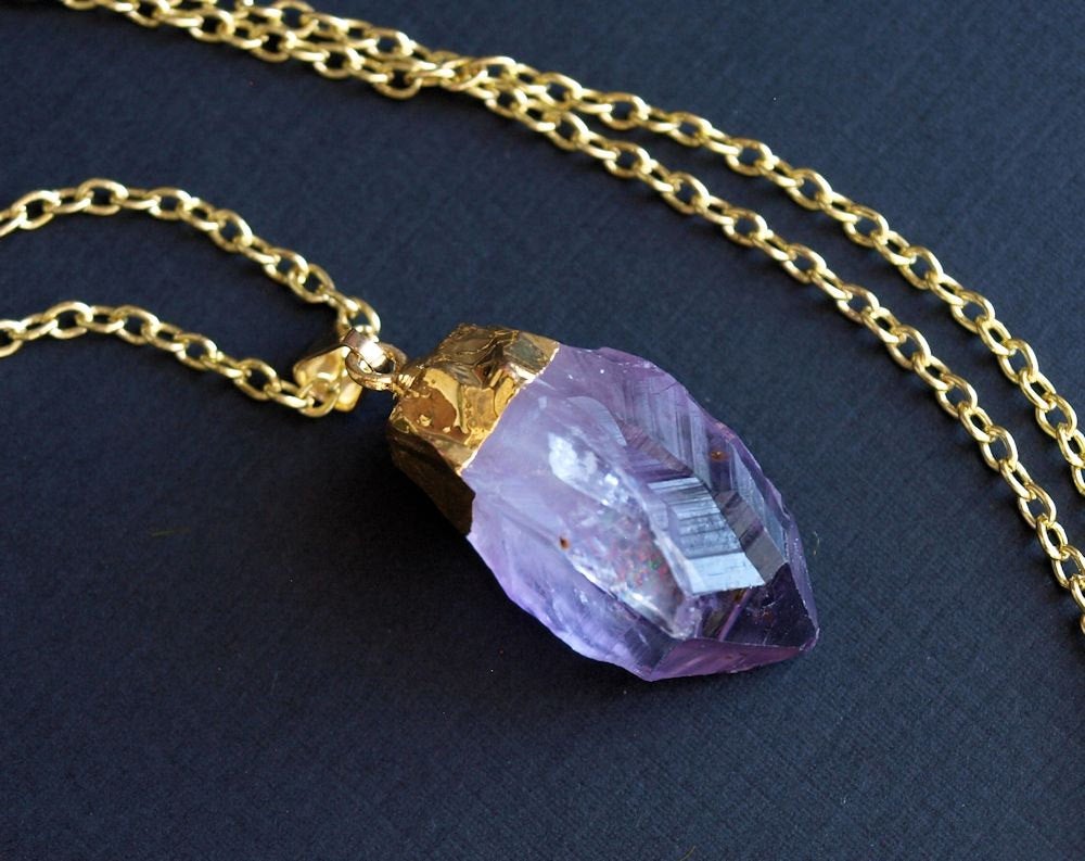 Long Gold Raw Amethyst Crystal Statement Necklace