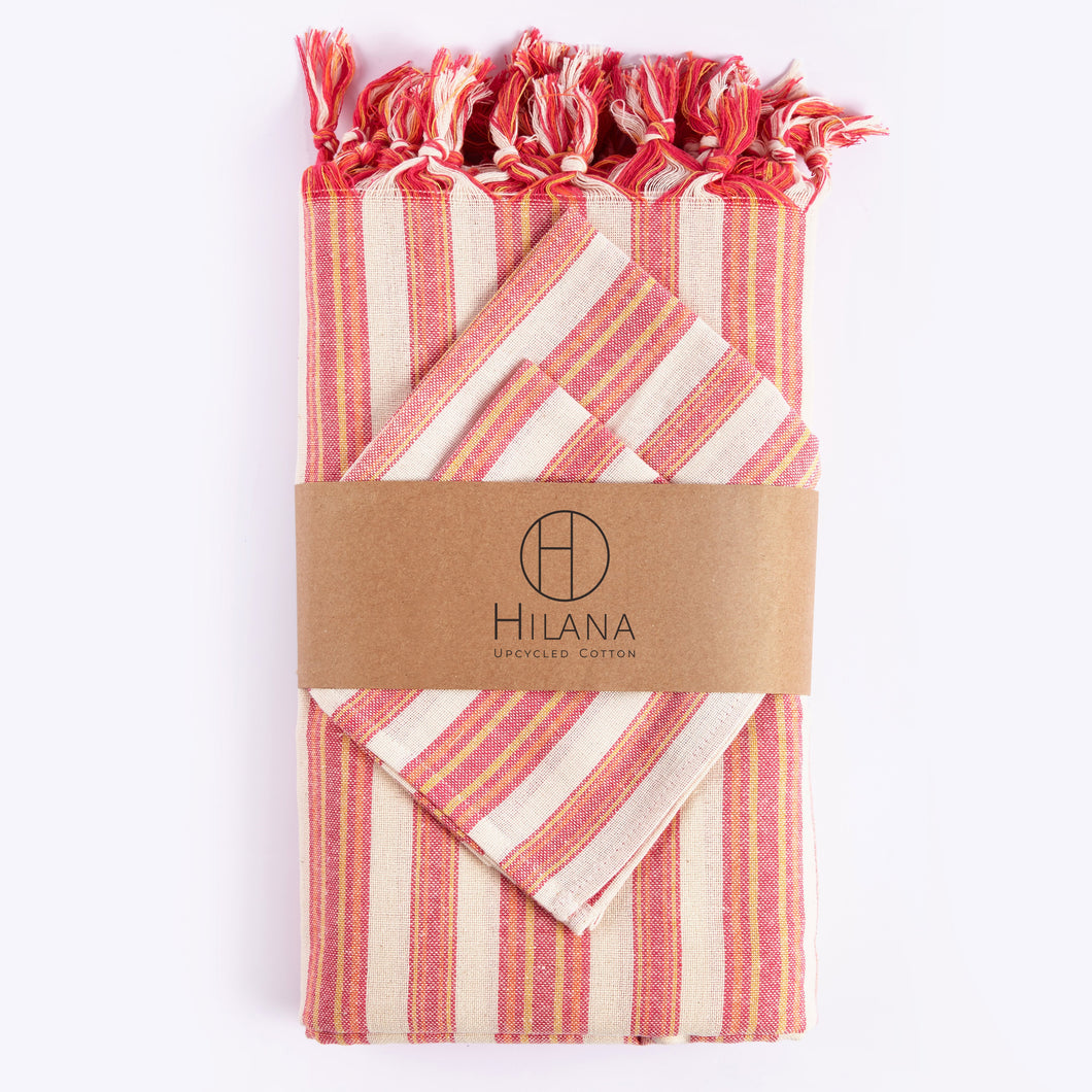 Sustainable Striped Mediterranean Style Tablecloth Set - Magenta
