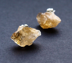 Raw Citrine Chunk Earrings, Geo Earrings, Rock Stud Earrings, Crystal Earrings