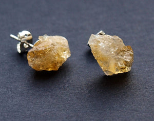 Raw Citrine Chunk Earrings, Geo Earrings, Rock Stud Earrings, Crystal Earrings