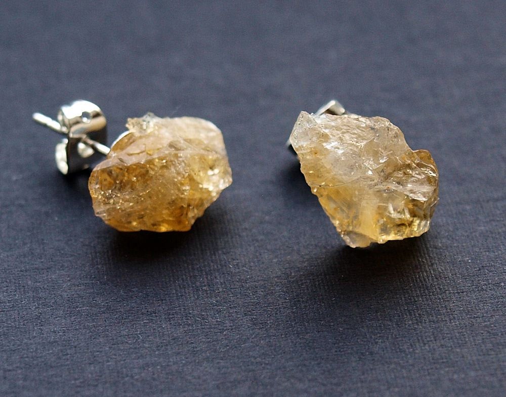 Raw Citrine Chunk Earrings, Geo Earrings, Rock Stud Earrings, Crystal Earrings