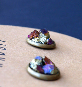 Peacock Ore Cluster Stud Earrings, Raw Peacock Ore Earrings