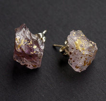 Load image into Gallery viewer, Gold Splatter &amp; Raw Amethyst Chunk Earrings, Geo Earrings, Rock Stud Earrings, Crystal Earrings
