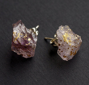 Gold Splatter & Raw Amethyst Chunk Earrings, Geo Earrings, Rock Stud Earrings, Crystal Earrings