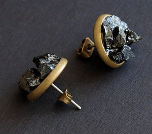 Black Tourmaline Cluster Stud Earrings, Raw Black Tourmaline Earrings